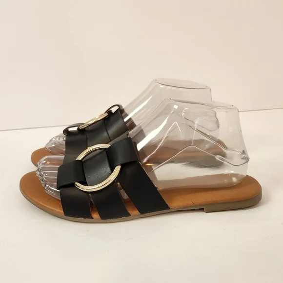 Pieces Vivi Black Leather Sandals Open Toe Slide On Shoes Size 38 7.5 8 Summer - Picture 4 of 13